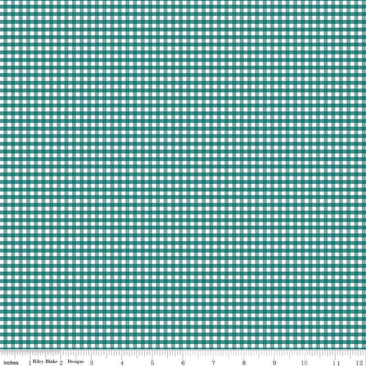 Image of the 1/8 inch PRINTED Gingham Teal quilting cotton fabric by Riley Blake Designs. Features an 1/8 inch teal green gingham pattern on white. 
Cute Little Fabric Shop