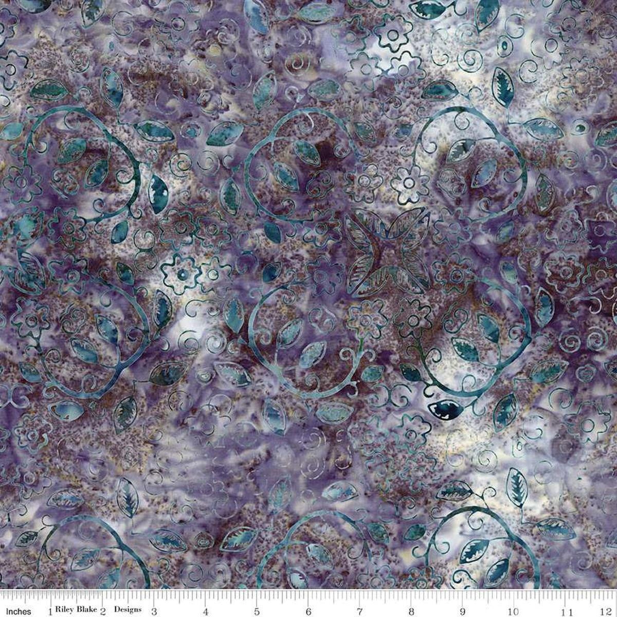 Image of the Expressions Batiks Chalk & Charcoal Pebble Pastiche cotton fabric by Riley Blake Designs. Features blue leaves on a purple and gray background.
Cute Little Fabric Shop