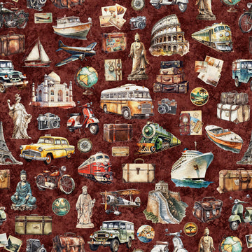 SALE Globetrotter Travel Icons 30530 Brick M - QT Fabrics - Quilting Cotton Fabric