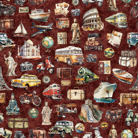 SALE Globetrotter Travel Icons 30530 Brick M - by QT Fabrics - Quilting Cotton Fabric