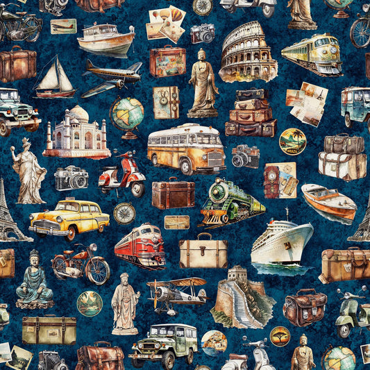 SALE Globetrotter Travel Icons 30530 Navy N - QT Fabrics - Quilting Cotton Fabric
