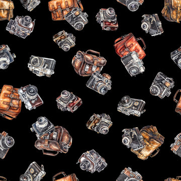 Fat Quarter End of Bolt - Globetrotter Cameras 30533 Black J - QT Fabrics - Quilting Cotton Fabric