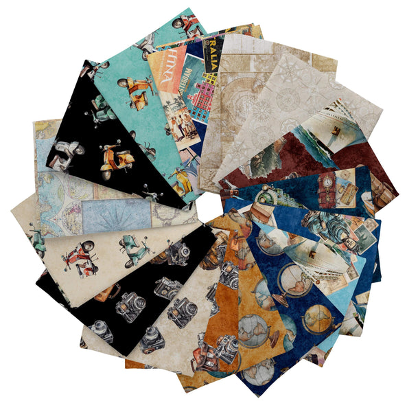 SALE Globetrotter Fat Quarter Bundle 16 pieces - QT Fabrics - Pre cut Precut - Quilting Cotton Fabric