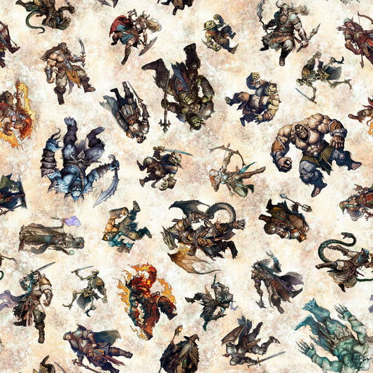 SALE Wizards & Warriors Character Toss 30240 Cream E - QT Fabrics - Quilting Cotton Fabric