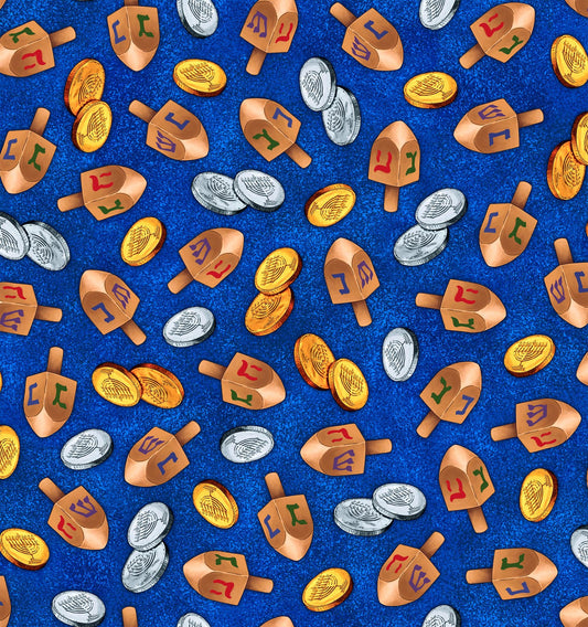 SALE Hanukkah Festival Dreidels Toss 30274 Royal Y - QT Fabrics - Quilting Cotton Fabric
