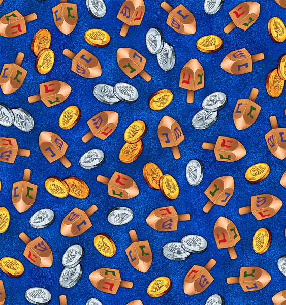 SALE Hanukkah Festival Dreidels Toss 30274 Royal Y - by QT Fabrics - Quilting Cotton Fabric