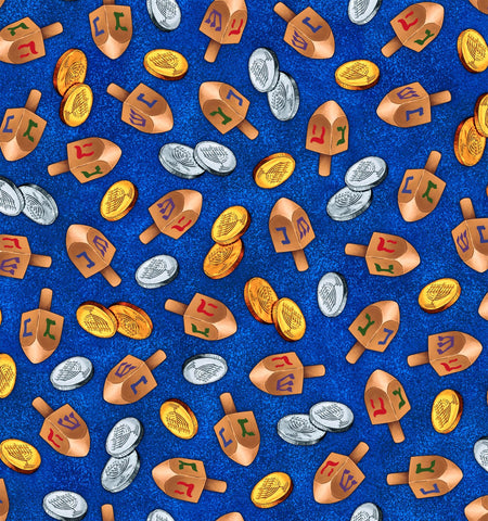 SALE Hanukkah Festival Dreidels Toss 30274 Royal Y - by QT Fabrics - Quilting Cotton Fabric