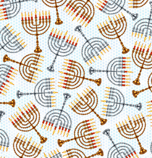 DEAL Hanukkah Festival Menorahs 30273 White Z - - QT Fabrics - Quilting Cotton Fabric