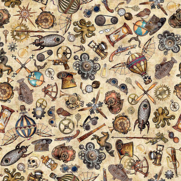 Steampunk Adventures 29563 Steampunk Toss E - by QT Fabrics - Victorian Motifs Clockwork Gears Keys - Quilting Cotton Fabric