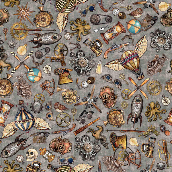 SALE Steampunk Adventures 29563 Steampunk Toss K - by QT Fabrics - Victorian Motifs Clockwork Gears Keys - Quilting Cotton Fabric