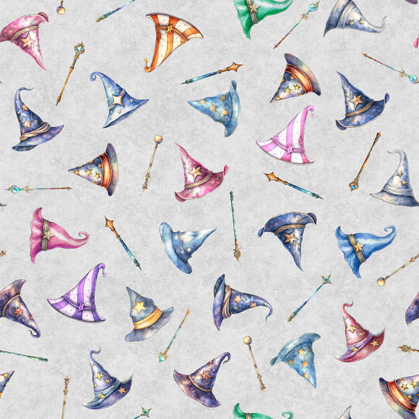 Lil' Wizards Hat Toss 30552 Gray with pink undertones - by QT Fabrics - Hats Magic Wands - Quilting Cotton Fabric