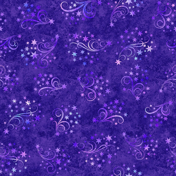 23" End of Bolt Piece - Lil' Wizards Stars & Scroll 30554 Purple - by QT Fabrics - Sky Swirl Celestial - Quilting Cotton Fabric