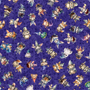 Fat Quarter End of Bolt - Lil' Wizards Wizard Toss 30551 Purple - by QT - Baby Animals Hat Magic Wands Spells Stars - Quilting Cotton