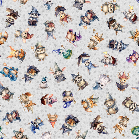 SALE Lil' Wizards Wizard Toss 30551 Gray - by QT Fabrics - Baby Animals Hat Magic Wands Spells Stars - Quilting Cotton Fabric