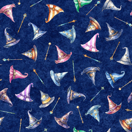 DEAL MINKY Lil' Wizards Hat Toss 60" Wide 30552 Navy - QT Fabrics - Magic Wands Wizard Hats - 100% Polyester