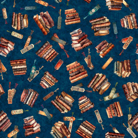 Bookworm Stacked Book Toss 30449 Midnight W - by QT Fabrics - Bookmark Novels Pile - Quilting Cotton Fabric