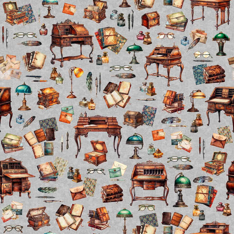 Bookworm Writing Desk & Motifs Toss 30447 Gray K - by QT Fabrics - Glasses Books Light Pen Letters  - Quilting Cotton Fabric