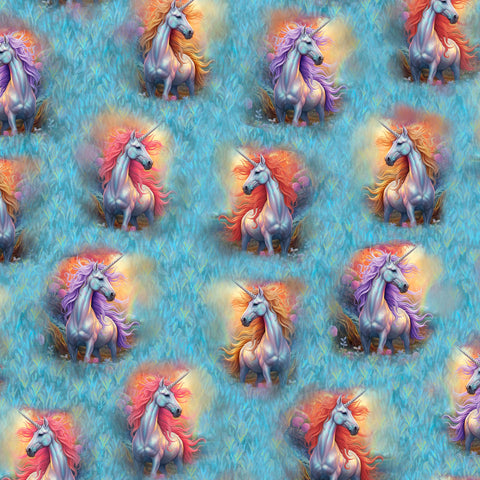 SALE Mystical Unicorn Unicorn Vignettes 30611 Blue B - by QT Fabrics - Magic Horns Trees Fantasy - Quilting Cotton Fabric