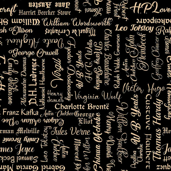 28" End of Bolt - Bookworm Famous Authors 30452 Black J -QT Fabrics - Words Names Text Shakespeare Austen Bronte Dickinson - Quilting Cotton