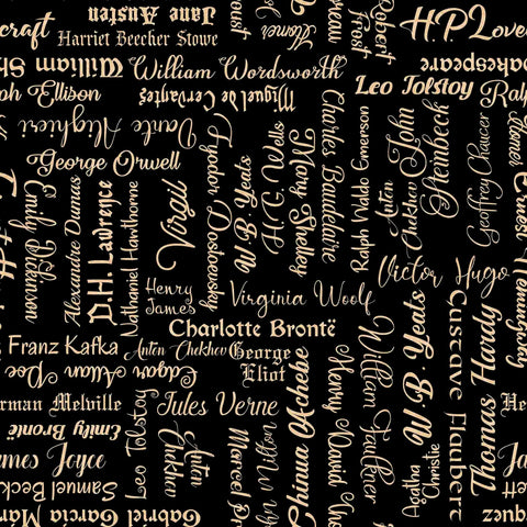 28" End of Bolt - Bookworm Famous Authors 30452 Black J -QT Fabrics - Words Names Text Shakespeare Austen Bronte Dickinson - Quilting Cotton