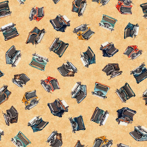 SALE Bookworm Typewriter Toss 30448 Tan A - by QT Fabrics - Qwerty Teleprinter Machine Keyboard - Quilting Cotton Fabric
