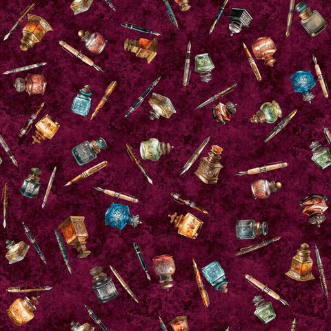 Bookworm Pen & Ink Toss 30456 Burgundy M - by QT Fabrics - Fountain Pen Ink Writing Penmanship - Quilting Cotton Fabric