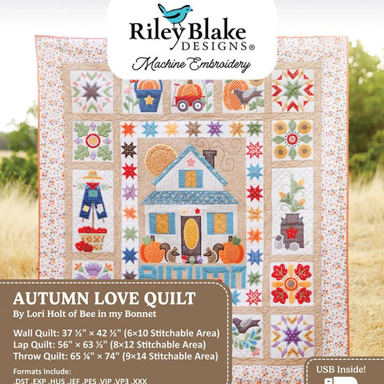 Image of the Machine Embroidery Autumn Love Quilt Projects pattern by Lori Holt. Features a quilt with complex autumn themed embroidery shape. 
Cute Little Fabric Shop