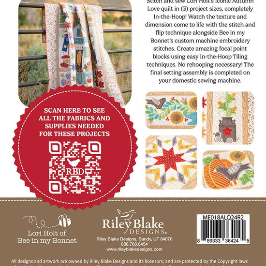 Image of the Machine Embroidery Autumn Love Quilt Projects pattern by Lori Holt. Features a quilt with complex autumn themed embroidery shape. 
Cute Little Fabric Shop