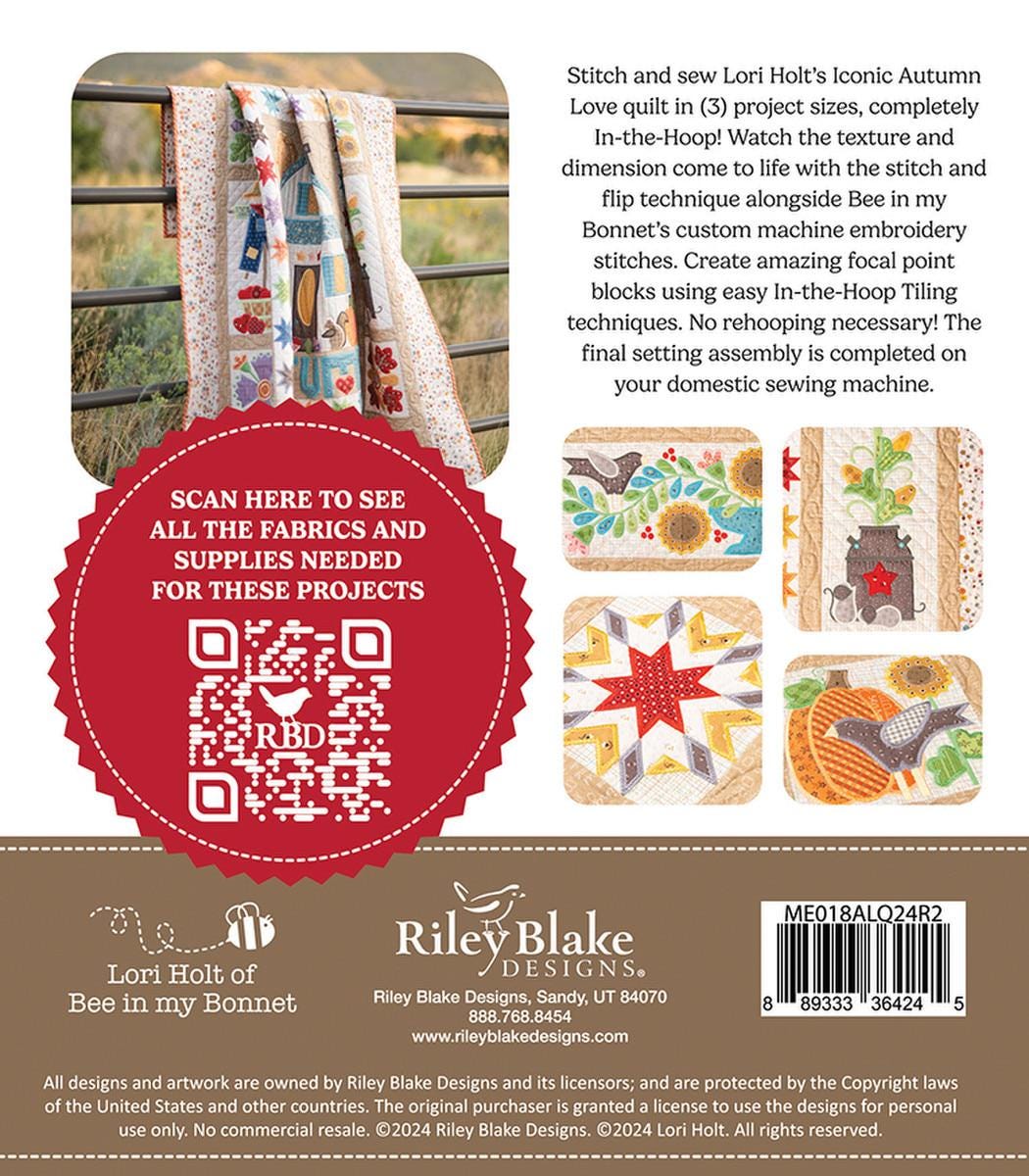 Image of the Machine Embroidery Autumn Love Quilt Projects pattern by Lori Holt. Features a quilt with complex autumn themed embroidery shape. 
Cute Little Fabric Shop