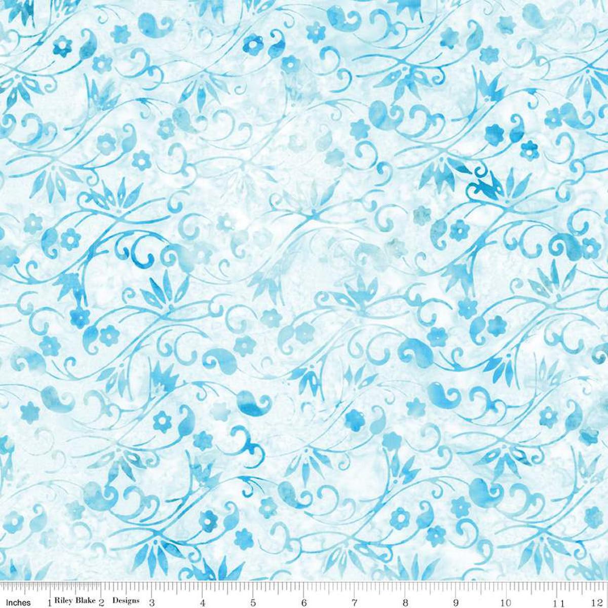 Image of the Expressions Batiks Chalk & Charcoal Adriatic Mist cotton fabric by Riley Blake Designs. Features swirls and leaves on an white blue background
Cute Little Fabric Shop
