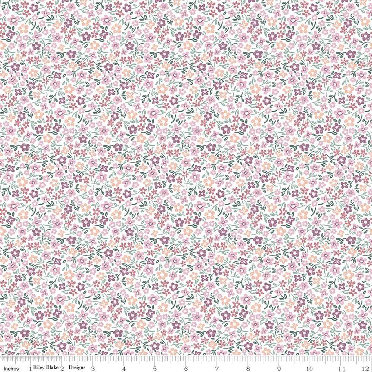 Image of the Buds & Butterflies Daisy Delight White quilting cotton fabric by Cayla Naylor for Riley Blake Designs. Features small flowers on a white background. 
Cute Little Fabric Shop