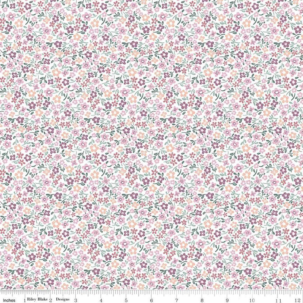 Image of the Buds & Butterflies Daisy Delight White quilting cotton fabric by Cayla Naylor for Riley Blake Designs. Features small flowers on a white background. 
Cute Little Fabric Shop
