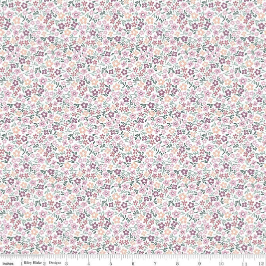Image of the Buds & Butterflies Daisy Delight White quilting cotton fabric by Cayla Naylor for Riley Blake Designs. Features small flowers on a white background. 
Cute Little Fabric Shop