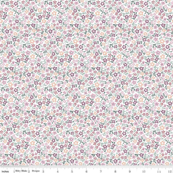 Image of the Buds & Butterflies Daisy Delight White quilting cotton fabric by Cayla Naylor for Riley Blake Designs. Features small flowers on a white background. 
Cute Little Fabric Shop