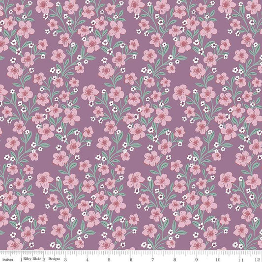 Image of the Buds & Butterflies Trailing Bliss Orchid quilting cotton fabric by Cayla Naylor for Riley Blake Designs. Features flowers and vines on a lavender purple background. 
Cute Little Fabric Shop