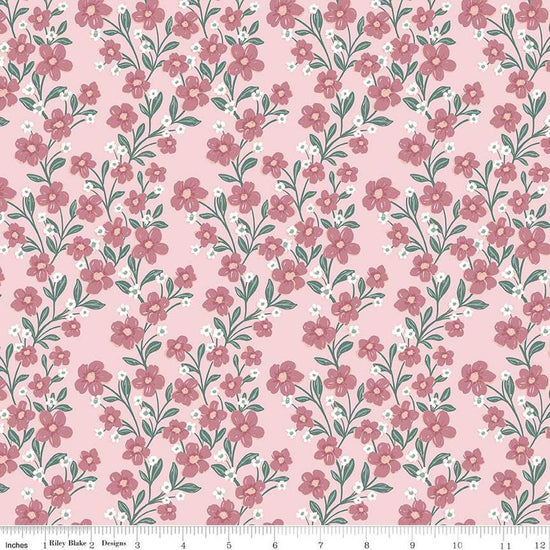 Image of the Buds & Butterflies Trailing Bliss Blush quilting cotton fabric by Cayla Naylor for Riley Blake Designs. Features flowers and vines on a light pink background. 
Cute Little Fabric Shop