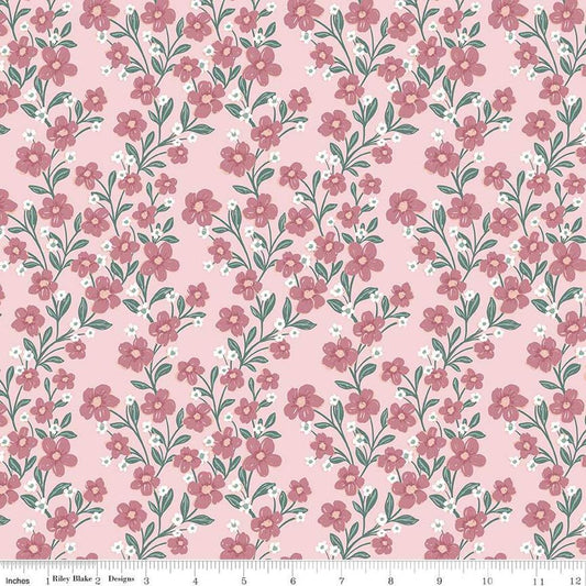 Image of the Buds & Butterflies Trailing Bliss Blush quilting cotton fabric by Cayla Naylor for Riley Blake Designs. Features flowers and vines on a light pink background. 
Cute Little Fabric Shop
