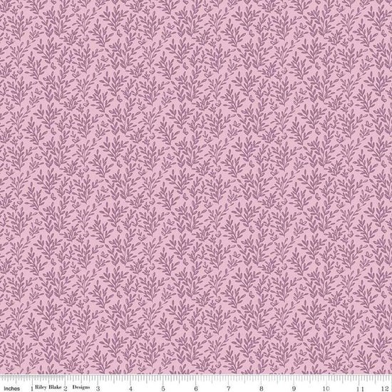 Image of the Buds & Butterflies Secret Wings Mauve quilting cotton fabric by Cayla Naylor for Riley Blake Designs. Features sprigs of leaves and butterflies on a light pink purple background. 
Cute Little Fabric Shop