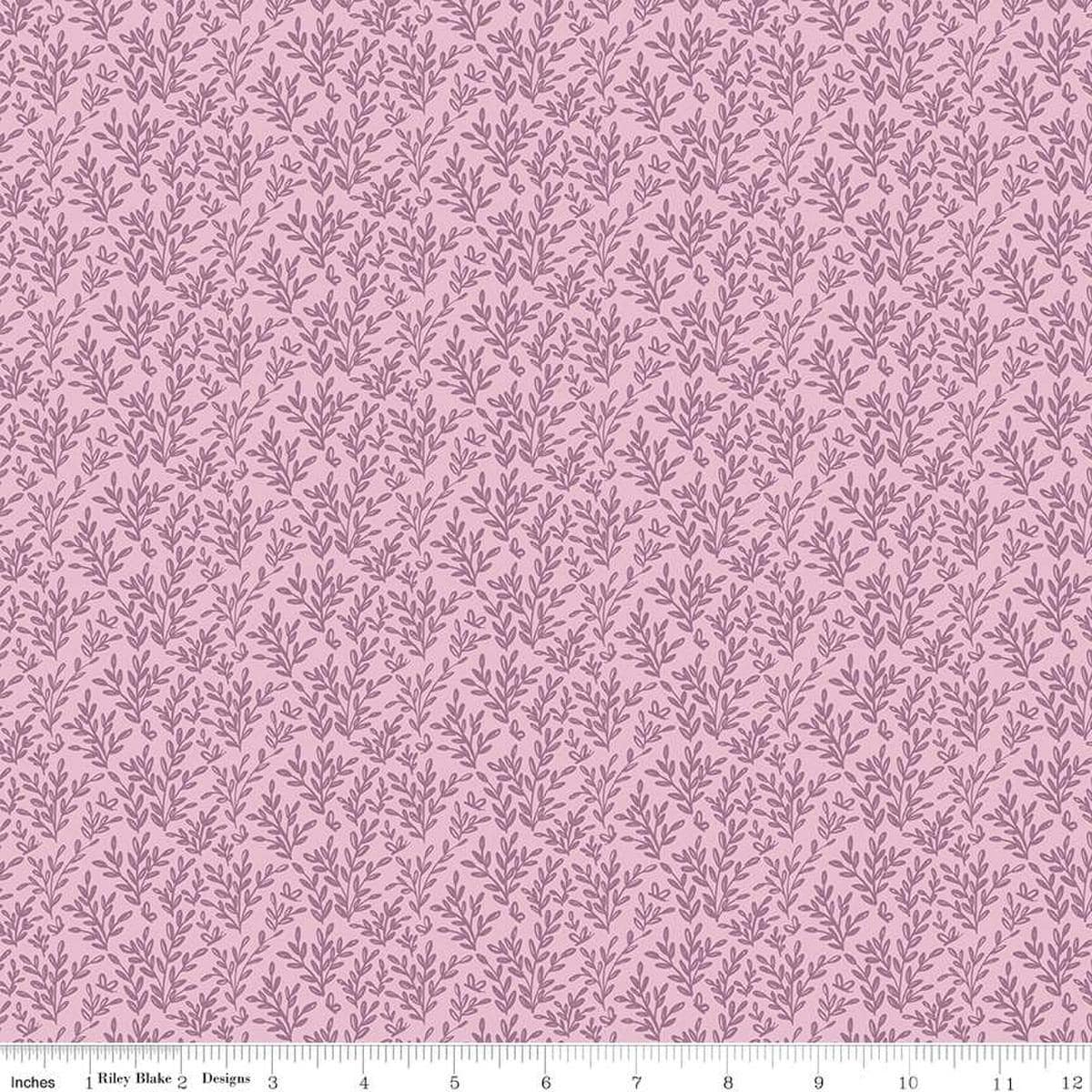 Image of the Buds & Butterflies Secret Wings Mauve quilting cotton fabric by Cayla Naylor for Riley Blake Designs. Features sprigs of leaves and butterflies on a light pink purple background. 
Cute Little Fabric Shop