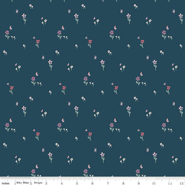 Image of the Buds & Butterflies Meadow Minuet Emerald quilting cotton fabric by Cayla Naylor for Riley Blake Designs. Features a field of flowers and butterflies on a dark teal blue background. 
Cute Little Fabric Shop