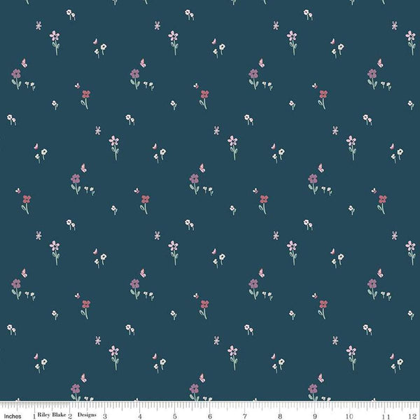 Image of the Buds & Butterflies Meadow Minuet Emerald quilting cotton fabric by Cayla Naylor for Riley Blake Designs. Features a field of flowers and butterflies on a dark teal blue background. 
Cute Little Fabric Shop