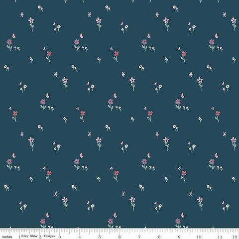 Image of the Buds & Butterflies Meadow Minuet Emerald quilting cotton fabric by Cayla Naylor for Riley Blake Designs. Features a field of flowers and butterflies on a dark teal blue background. 
Cute Little Fabric Shop