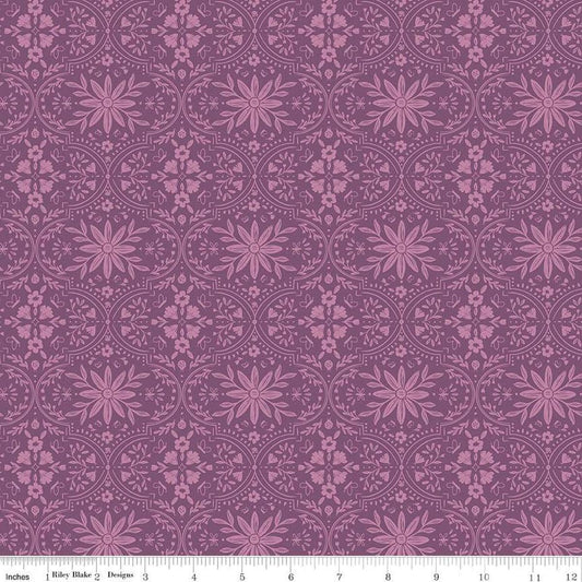 Image of the Buds & Butterflies Enchanting Garden Orchid quilting cotton fabric by Cayla Naylor for Riley Blake Designs. Features a floral damask pattern on a pink purple background. 
Cute Little Fabric Shop