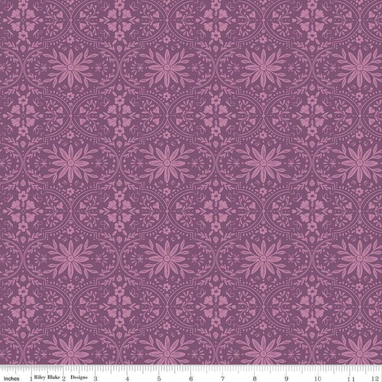 Image of the Buds & Butterflies Enchanting Garden Orchid quilting cotton fabric by Cayla Naylor for Riley Blake Designs. Features a floral damask pattern on a pink purple background. 
Cute Little Fabric Shop