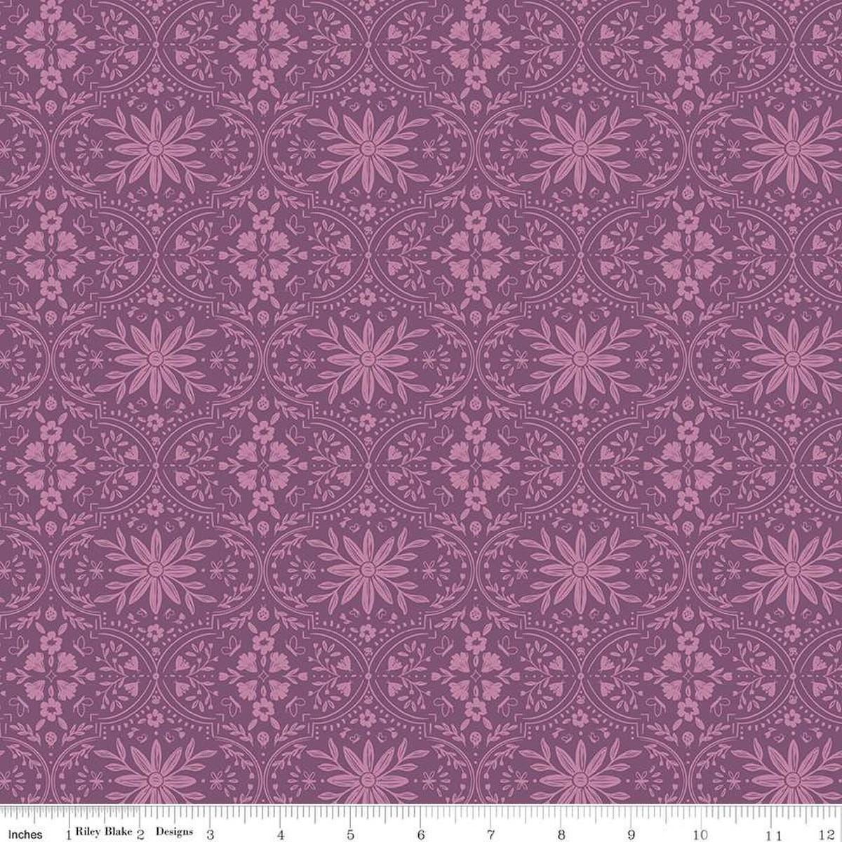 Image of the Buds & Butterflies Enchanting Garden Orchid quilting cotton fabric by Cayla Naylor for Riley Blake Designs. Features a floral damask pattern on a pink purple background. 
Cute Little Fabric Shop