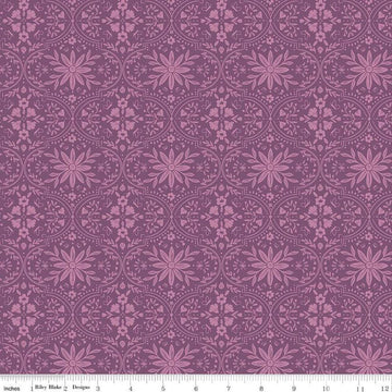 Image of the Buds & Butterflies Enchanting Garden Orchid quilting cotton fabric by Cayla Naylor for Riley Blake Designs. Features a floral damask pattern on a pink purple background. 
Cute Little Fabric Shop