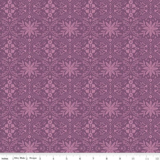 Image of the Buds & Butterflies Enchanting Garden Orchid quilting cotton fabric by Cayla Naylor for Riley Blake Designs. Features a floral damask pattern on a pink purple background. 
Cute Little Fabric Shop