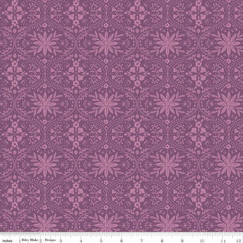 Image of the Buds & Butterflies Enchanting Garden Orchid quilting cotton fabric by Cayla Naylor for Riley Blake Designs. Features a floral damask pattern on a pink purple background. 
Cute Little Fabric Shop