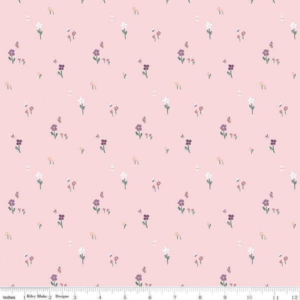 Image of the Buds & Butterflies Meadow Minuet Blush quilting cotton fabric by Cayla Naylor for Riley Blake Designs. Features a field of flowers and butterflies on a light pink background. 
Cute Little Fabric Shop