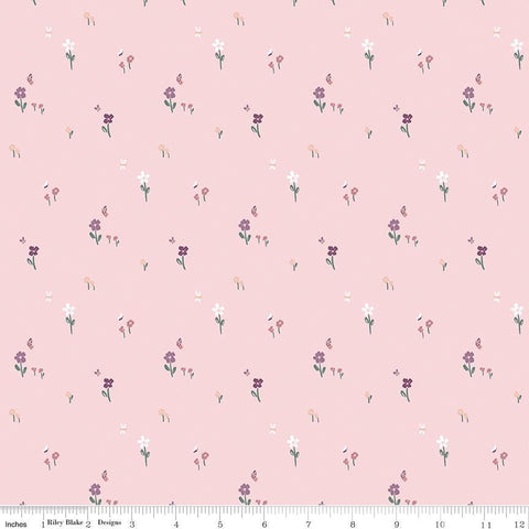 Image of the Buds & Butterflies Meadow Minuet Blush quilting cotton fabric by Cayla Naylor for Riley Blake Designs. Features a field of flowers and butterflies on a light pink background. 
Cute Little Fabric Shop